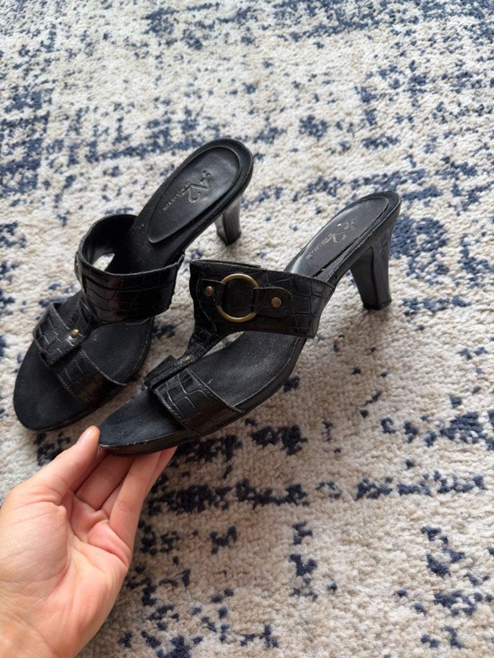 A2 By Aerosoles Black Faux-Croc Heeled Slide with Gold Buckle